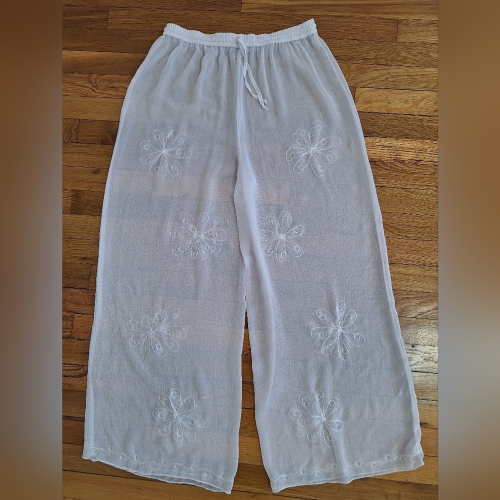 SURFACE White Wide-Leg Embroidered Pull-On Pants — Beachy Relaxed Fit